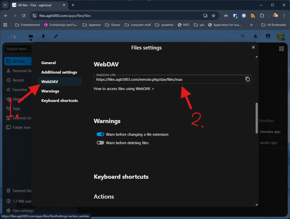 Getting the WebDAV link from my Nextcloud instance.