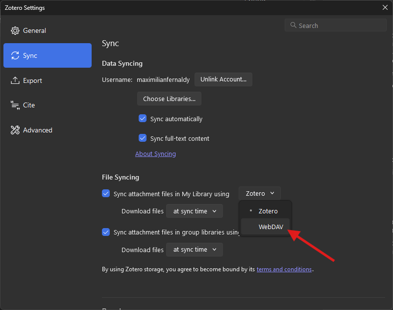 Look for the setting "Sync attachment files in My Library using" and change it to WebDAV.